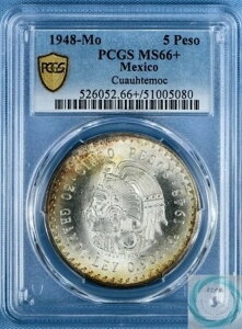 1948-Mo シルバー シンコ ペソ クアウテモック PCGS MS66+ - 魅力的なエッジ トーン!