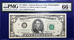 1969A 5ドル連邦準備銀行券 Fr-1970-C フィラデルフィア PMG66 Gem EPQ