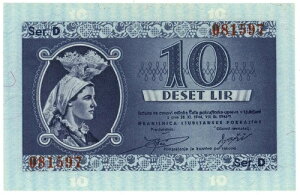 10 リラ Occupazione TEDESCA DELLA PROVINCIA DI LUBJANA 1944 年 11 月 28 日 qFDS