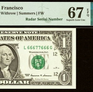 1999�N $1 FRN PMG Superb Gem 67EPQ - Top Pop - Fancy Radar �V���A���ԍ� 66677666