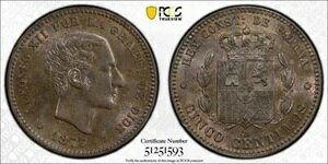 1877-OM �X�y�C�� 5 �Z���e�B�� PCGS MS64BN ���b�g#G9182 �`���C�X UNC!