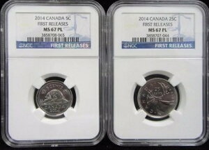 2014年 カナダ 5Cと25C NGC MS 67 PL プルーフ 初版同様 入手困難なペア