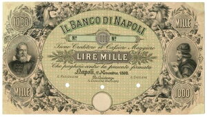 1000 リラ プルーフ SU CARTONCINO UNIFACE BANCO DI NAPOLI FEDE クレジット 01/11/1869 MB