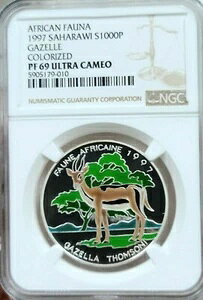 1997 サハラウィ シルバー 1000 ペセタ ガゼル NGC PF 69 ウルトラ カメオ 希少トップ ポップ