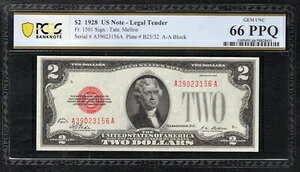 FR 1501 1928�N 2�h������ �A�����J���O�� �@��ʉ� PCGS �W�F�� ������-66PPQ
