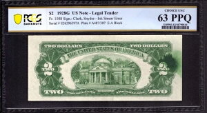 1928 G $2 �@��ʉ� �ԐF�V�[�� �ΐF�C���N�̉���G���[���� PCGS B CU 63 PPQ