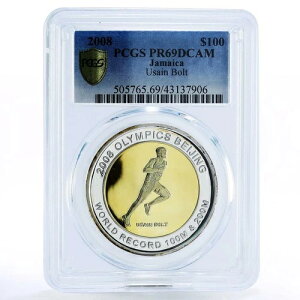 ジャマイカ 100ドル ランナー ウサイン・ボルト 記録 PR69 PCGS 金メッキ銀貨 2008年