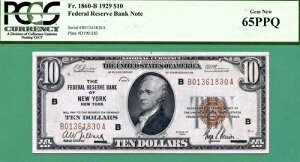 1929�N 10�h�� FRBN - �j���[���[�N - Fr 1860-B - PCGS GEM 65 PPQ�t�� - 1929�N 10�h�� �j���[���[�N
