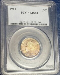 1911年製リバティVニッケル:PCGS MS64 並外れたマルチカラーの素晴らしい品 〜送料無料