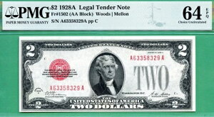 1928A $2 USN - PMG CU 64 EPQ - Fr 1502 AA ubN - 1928A $2 USN - PMG CU 64 EPQ