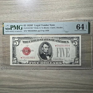 1928年発行の法定紙幣5ドル、Fr# 1531 PMG 64 Wide I* EPQ Star Note Aブロック、CLK、SNY