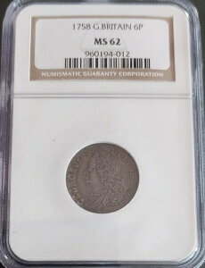 ?1758年 イギリス 6ペンス ? NGC MS62 ? フルグレードアンティーク 6ペンスコイン 問題なし