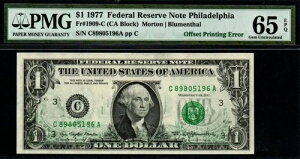 1977 年 1 ドル オフセット印刷エラー 裏面が前面 PMG GEM UNC 65 連邦準備銀行券!
