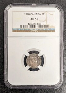 1910年カナダ銀貨 エドワード7世 5セント メープルリーフまたはラウンドリーフ NGC AU 55