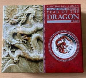 パースミント オーストラリア $1 LS2 レッドカラードラゴン 2012 1オンス .999 シルバーコイン