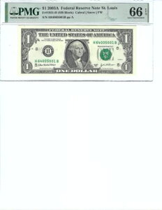 2003 $1 FRN FR1931-H PMG 66 EPQ、セントルイス S/N H64005001B パーツ DBL 印刷エラー!