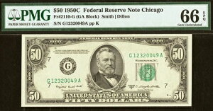 1950�NC $50�A�M������s�� PMG 66EPQ 2�Ԗڂɍ����O���[�h �V�J�S Fr 2110-G