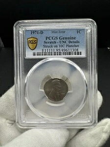 米国造幣局エラー - 1971年 D 1セント 10セントプランシェット刻印 - PCGS UNC詳細