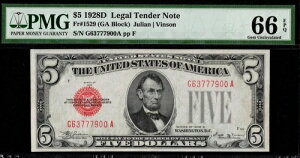 1928D $5 LT G63777900A P.M.G #66EPQ