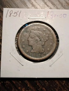 1851年アメリカ合衆国ラージセント1セント硬貨、コロネットヘッド、大きな文字、素晴らしい掘り出し物