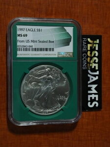 1997年 $1 アメリカン シルバー イーグル NGC MS69 米国造幣局発行 未開封ボックスラベル グリーンコア