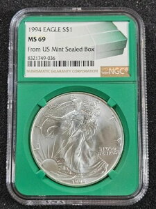 ?? 1994年 アメリカン シルバー イーグル NGC MS69 - グリーン コア 米国造幣局未開封ボックス入り