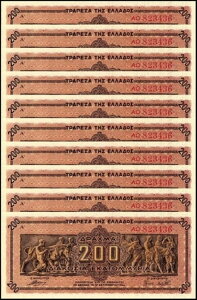 ギリシャ 2億ドラクマ金貨、1944年、P-131a.1、UNC X 10 PCS