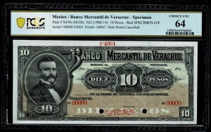 ���L�V�R �A���e�B�[�N $10 �y�\�uSPECIMEN�vBanco Mercantil De Veracruz 1900-14 PCGS 64