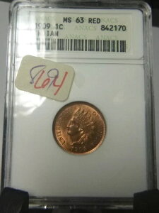 1909年 アメリカ製 インディアンヘッド セント 1セント .01 ANACS MS 63 レッド ブライトインホルダー #842170