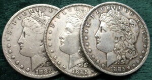 モルガン銀貨3枚、アメリカ合衆国1ドル、1882年S、1885年、1885年O