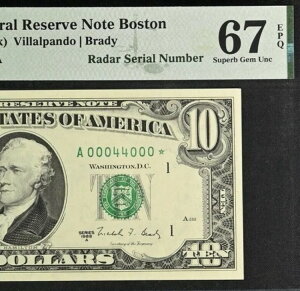 1988A $10 FRN PMG 67EPQ - 2�Ԗڂɍ����O���[�h�̃X�^�[ - ���[�_�[�V���A���ԍ� 00044000*