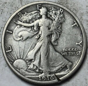 1916年 50セント ウォーキング・リバティ・ハーフダラー。流通時の魅力的なディテール、ダメージあり