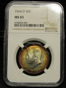 1964�N D�E�P�l�f�B�E�n�[�t�h�� NGC MS 65 ���͂ɐԃI�����W�̃g�[���i007�j