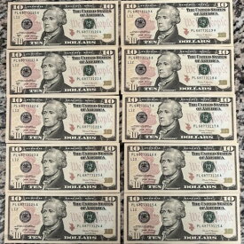 100ドル現金 - 流通していない10ドル紙幣10枚（順番通り）