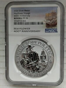 2020年 メイフラワー号航海400周年記念メダル 1オンス 99.99% シルバー リバースプルーフ NGC PR70
