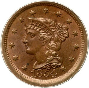 1854 N-14 R-2- PCGS MS 64 BN 編み込みヘア ラージセントコイン 1セント