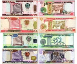 モザンビーク 50000-500000 メティカイス 4個セット、1993-2003、P-138-142、UNC X 100 PCS