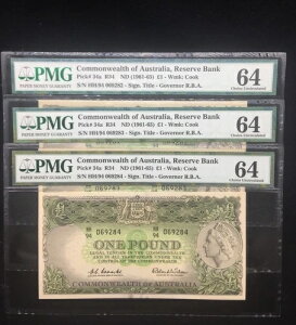 1961年(ND)オーストラリア連邦、QE II 1ポンド P-34a 連続紙幣トリオ