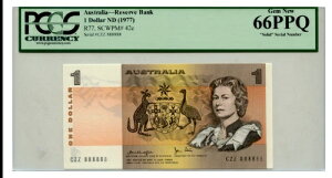 1977年(ND) オーストラリア準備銀行 1ドル P-42c ソリッド 888888 「ナイト&ストーン」 PCGS 66