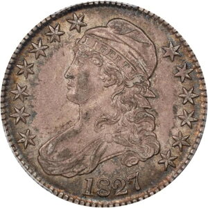 キャップドバストハーフダラー 1827 O-104、スクエアB. 2、PCGS AU-55 CAC 魅力的なPQコイン
