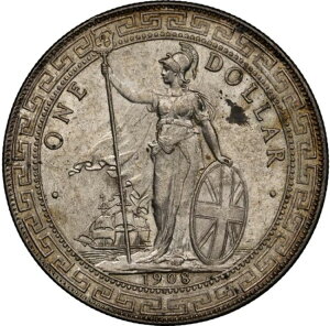 イギリス:エドワード7世貿易ドル 1908/7-B オーバーデート、NGC MS-62、ボンベイ造幣局