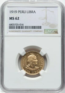 ペルー - 1919年 リブラ - NGC MS62 - 約1/4オンスの金!表面は良好!