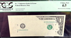 $1 FRN �\�ʂ̈���G���[���傫���Ղ��Ă��鎆�� PCGS 63!