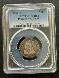 1860�N S 25�Z���g ���Ȍ^���R�̏��_�� 25�Z���g PCGS VG�A���ʔ��s�A�L�[�f�[�g�R�C��