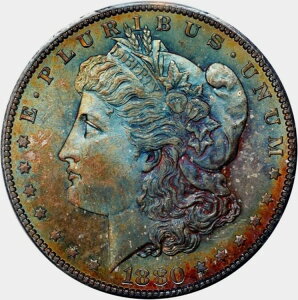 1880年代 レインボートーン モーガン シルバードル ~ PCGS MS67 CAC ~ 宝石 両面カラー *