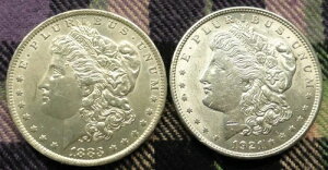 モルガン銀貨2枚、アメリカ合衆国1ドル硬貨、AU-BU、1883 O & 1921