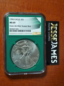 1996年 1ドル アメリカン シルバー イーグル NGC MS69 米国造幣局発行 未開封 ボックスラベル グリーンコア
