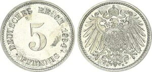 Kaiserreich 5 Pfennig 1894 E �قƂ�ǖ����ʁA�X�|�b�g 56251