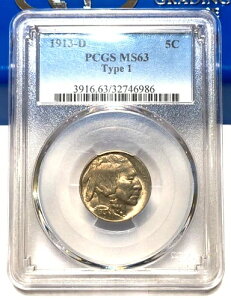 1913-D タイプ1 バッファローニッケル PCGS MS63 - 良好な打刻のオリジナル表面