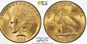 1932�N 10�h�� PCGS MS 64 �S�[���h �C���f�B�A���C�[�O�� ������ 10�h���R�C�� PCGS